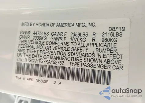 2019 Honda Accord Sport from USA, damaged, VIN 1HGCV1F37KA152782